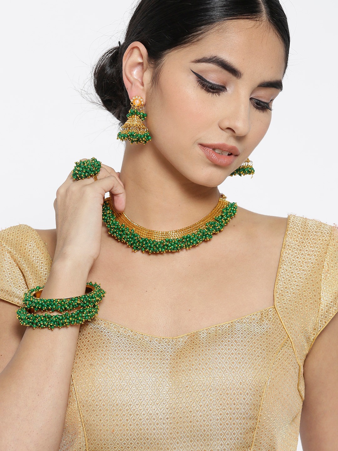 YouBella Gold-Toned  Green Beaded Textured Jewellery Set